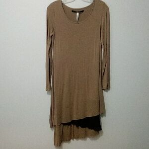 Kensie Taupe Black Layering Long-Sleeve Asymmetrical Hem Dress